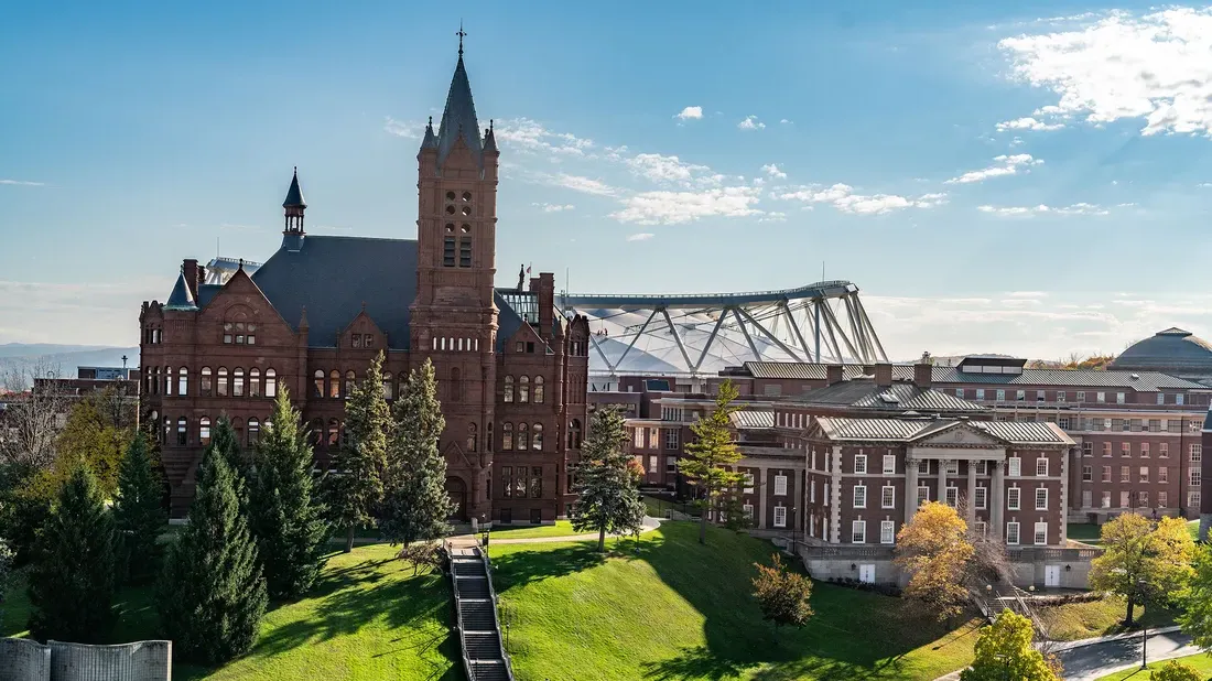 Drone shot of Syracuse University campus.