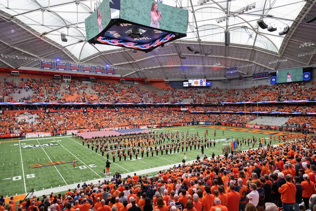 A full football stadium at the JMA Wireless Dome on Syracuse University's Campus.